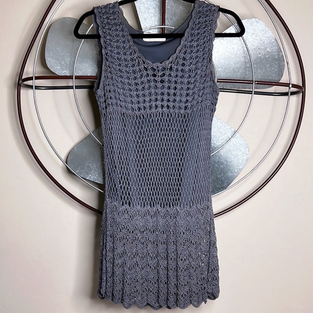 Vintage Kathryn Lyndsey Sleeveless Crochet Beads Scoop Neck Tunic Top Grey Small